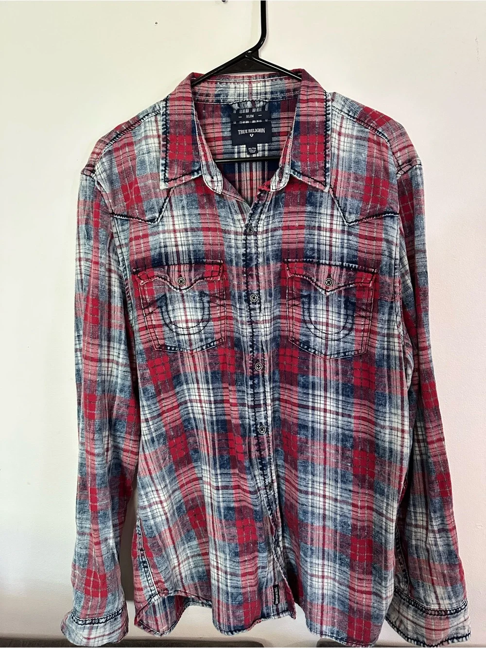 True Religion Red, Blue and White Plaid Button-Down Shirt